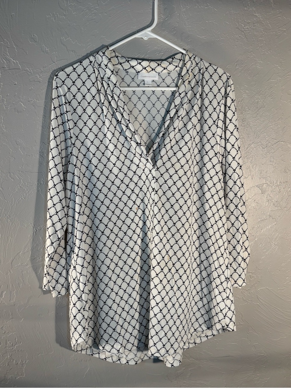 Charter Club Black & White V-Neck Lattice Blouse